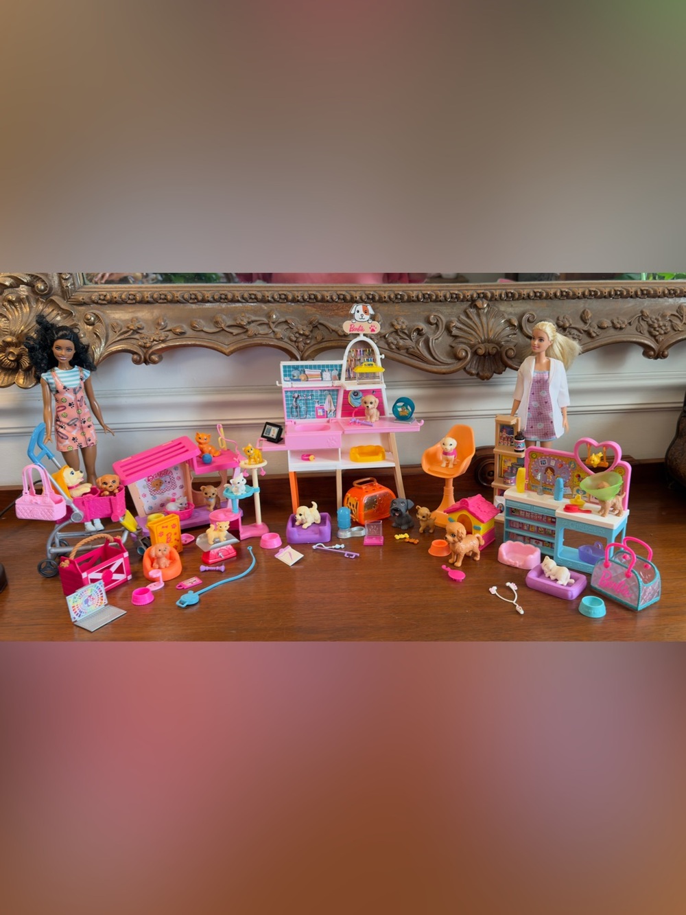 Barbie Pet Vet Animal Care Playset Lot - 2 Dolls Dogs Cats Accessories